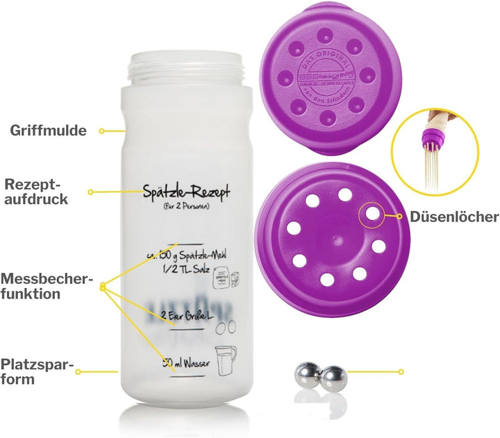Spätzle-Shaker (LILA) für 2 Portionen selbstgemachte Spätzle (675ml) Spätzlepresse und Mixer in eine