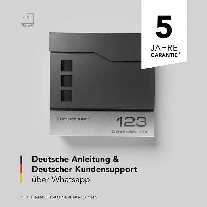 Moderner Briefkasten Personalisierbar Stockholm Anthrazit RAL7016 - mit Zeitungsfach - Wandbriefkast