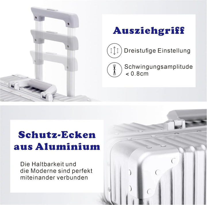 Aoliwei 100% Aluminium Koffer Handgepäck (45L) - Premium Vollaluminium Reisekoffer - Robuster Trolle