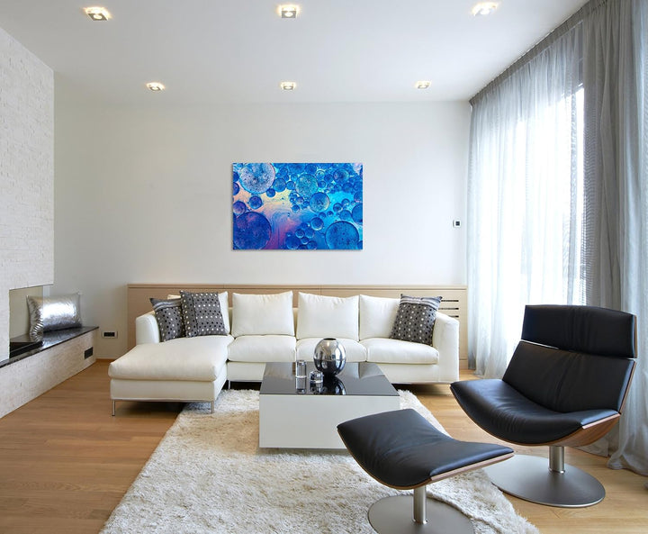 Paul Sinus Art XXL Fotoleinwand 120x80cm Künstlerische Fotografie – Blaue Öltropfen auf Leinwand Exk
