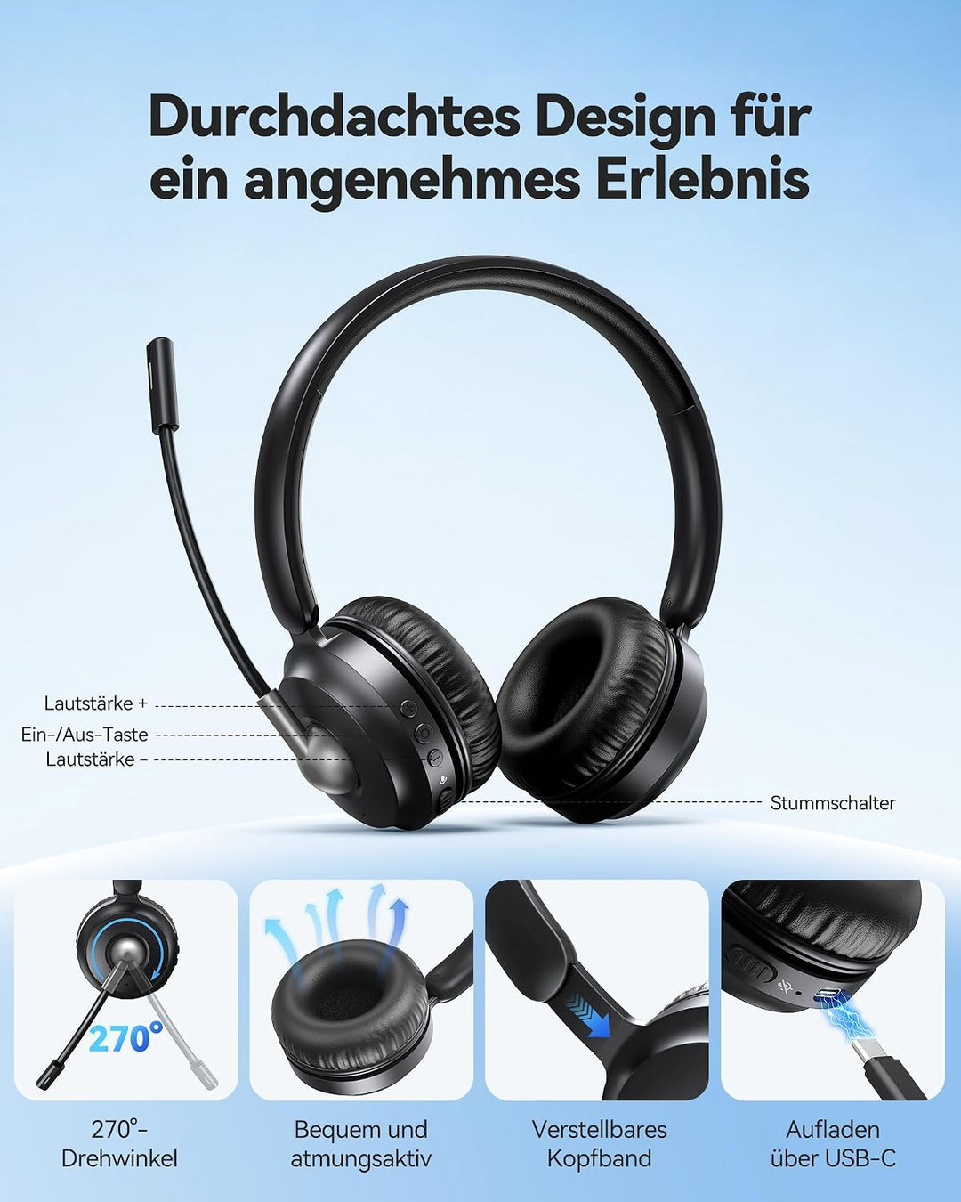 TECKNET V6.0 Bluetooth Headset mit Mikrofon, kabellos Headset mit ENC-Störunterdrückung&amp;EIN-Tasten-S