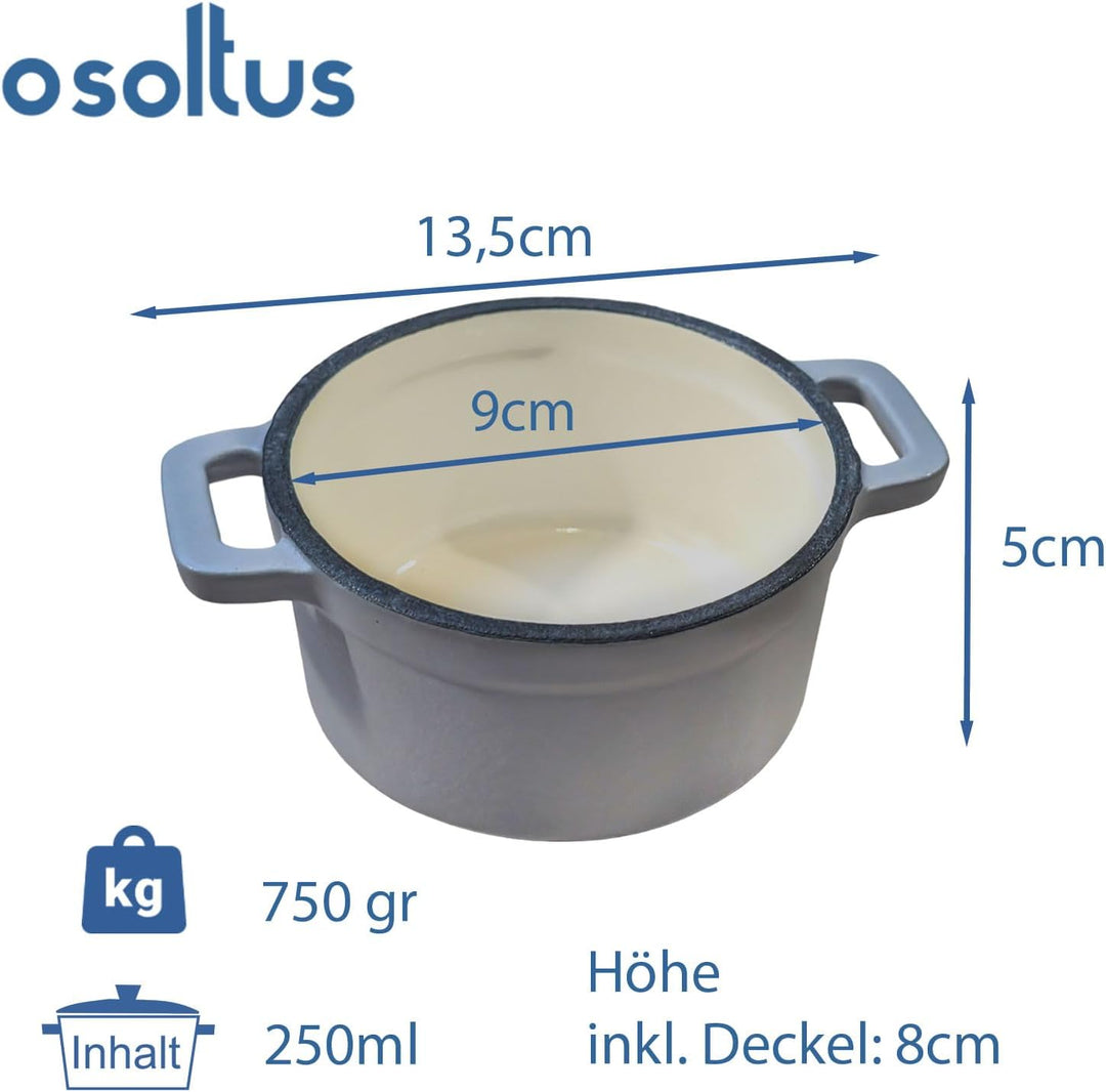 Mini Cocotte Bratentopf klein - Gusseisen ofenfest 10cm (hellgrau), Hellgrau
