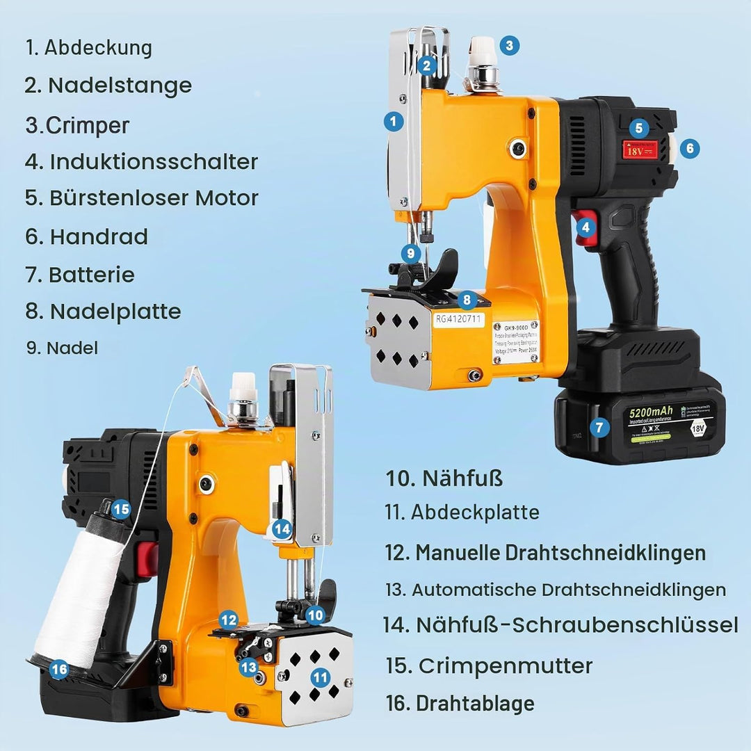 MXBAOHENG Sacknähmaschine mit 2 akkus 21 V Einstellbare Geschwindigkeit Beutelverschliessmaschine mi