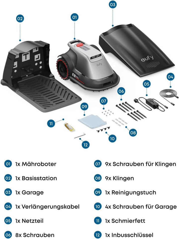 eufy Mähroboter E18 Set mit Garage &amp; Ersatzklingen, ohne Begrenzungskabel | Bis zu 1200m², TrueVisio