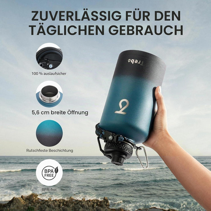 Thermosflasche mit Strohhalm 2L, Trebo Trinkflasche Edelstahl mit Paracord-Griff &amp; 3 Deckeln, Edelst