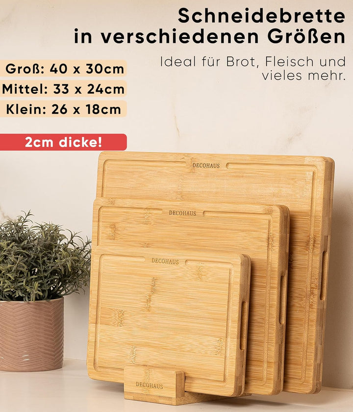 Deco haus Schneidebrett Holz 3er Set aus Robustem Bambus [2cm DICKE] - Schneidebretter mit Saftrille