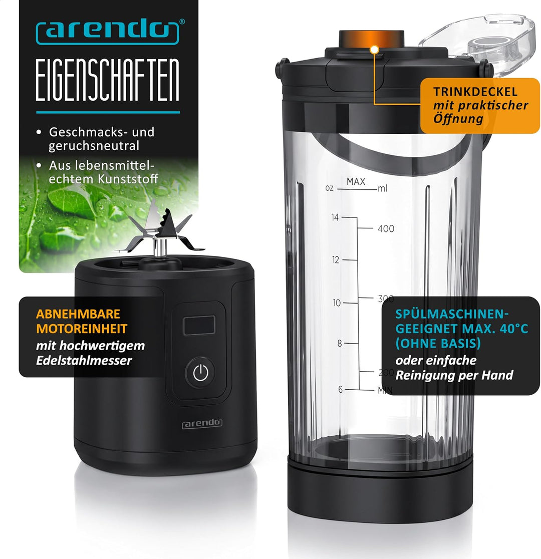 Arendo - Smoothie Maker to Go - Eiweiss Shaker elektrisch 450ml – Protein Shaker mit Akku - BPA frei