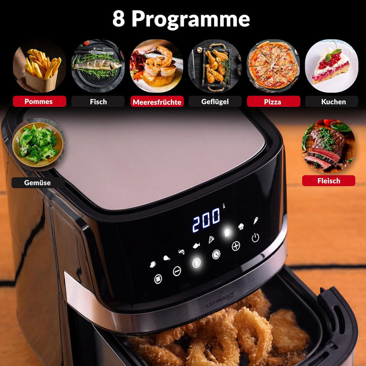 LEHMANN Heissluftfritteuse XL 6,5L, 8 Programme, Grosse Metallkammer, Digitales Display, Timer, Anti