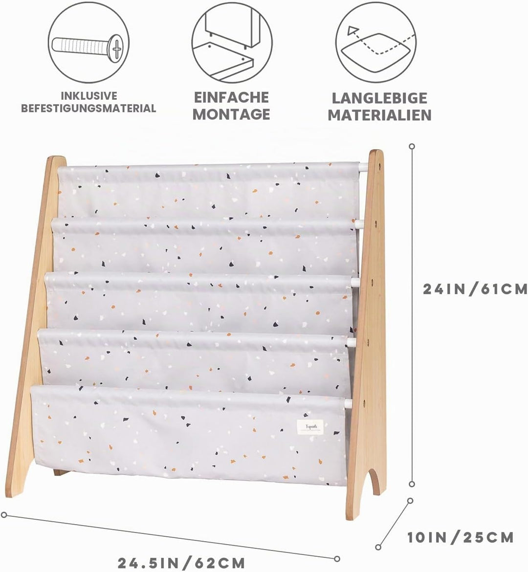 3 Sprouts Bücherregal Kinder, 35 Bücher, Terrazzo Hellgrau | frontale Stoffablagen mit 4 Ebenen für