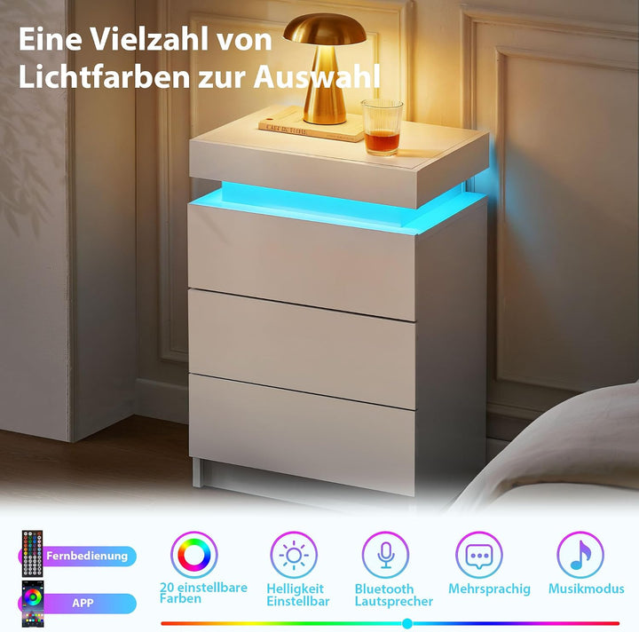 CLIPOP Nachttisch Hochglanzfront Kommode mit mit LED-Lichtern, sprachgesteuerter Lichtstreifen, 3 Sc