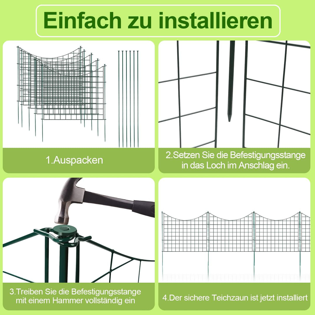 Izrielar Teichzaun Gartenzaun, 11 Stück Set Gitterzaun, Teichzaun Steckzaun Metallzaun - 5 Zauneleme