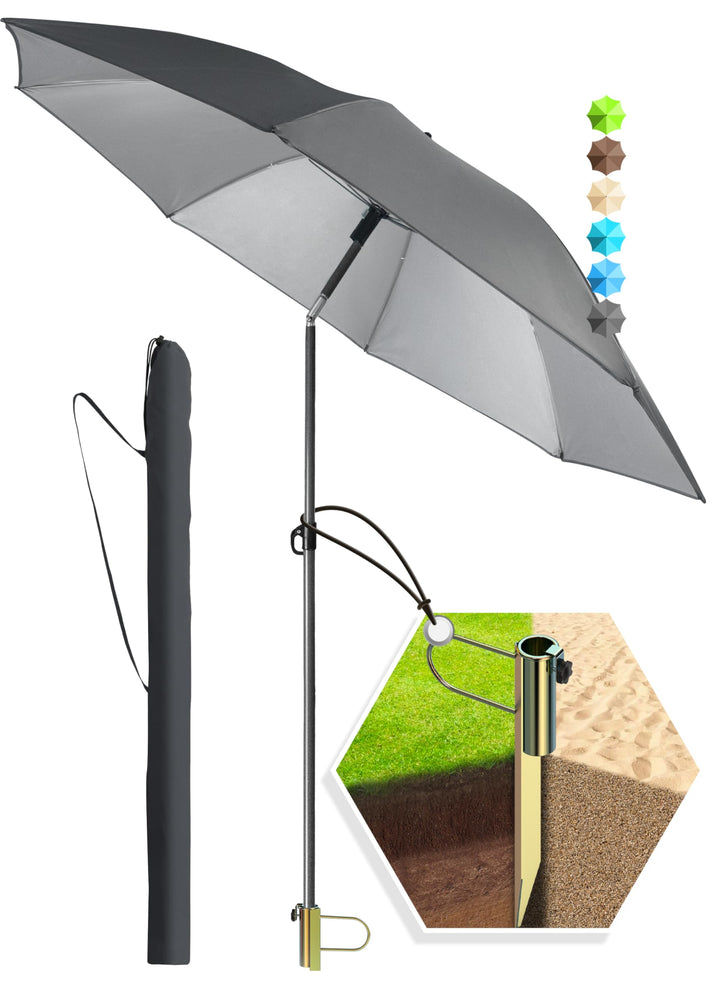 4smile Sonnenschirm Strand Ø 180 cm, 3-in-1 SET mit Rasendorn, Anthrazit | Strandschirm windfest sta