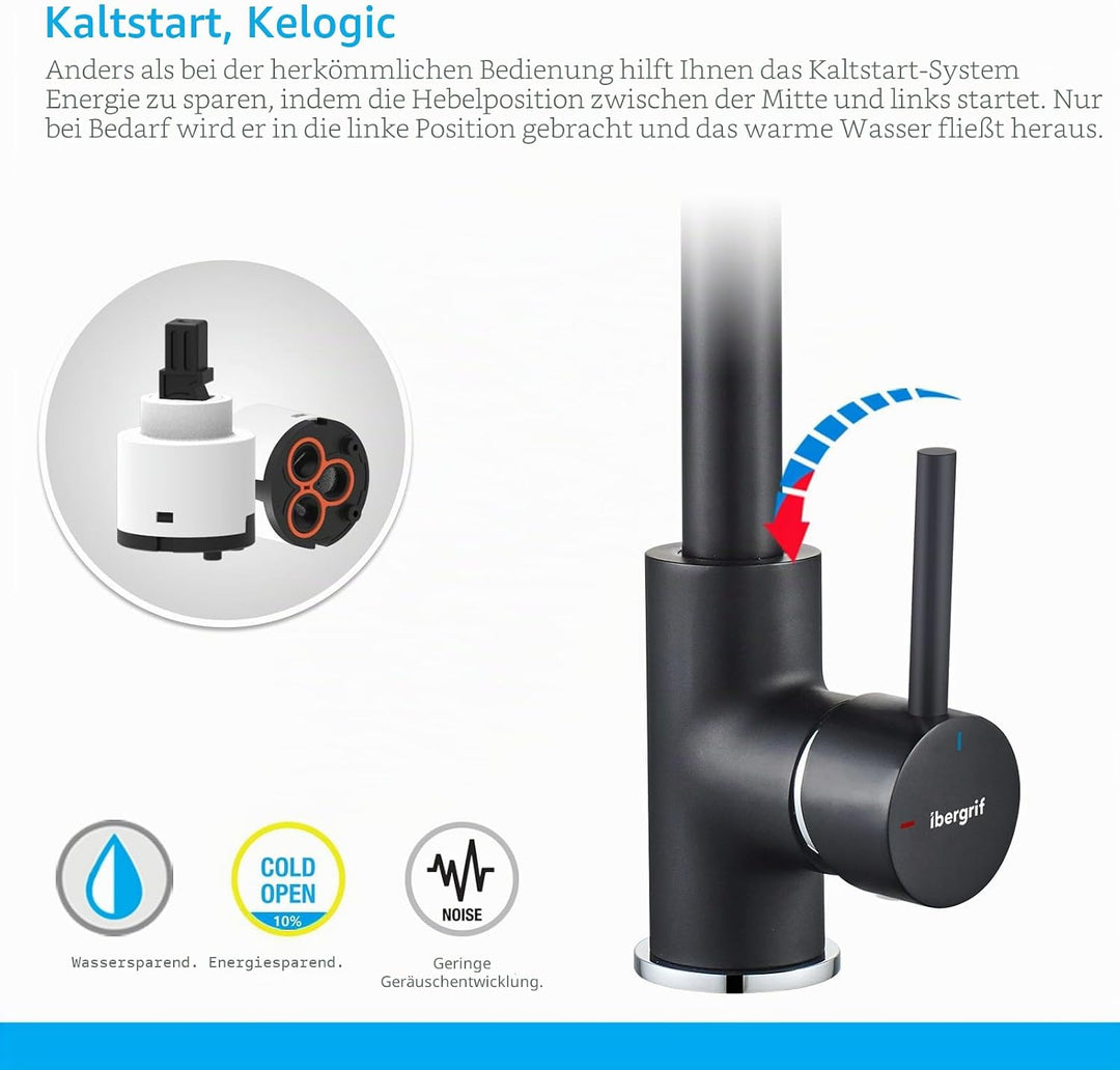IBERGRIF M22105B, Hoch Küchenarmatur, Einhebel Spültischarmatur, Wasserhahn für Küche, Schwarz, Schw