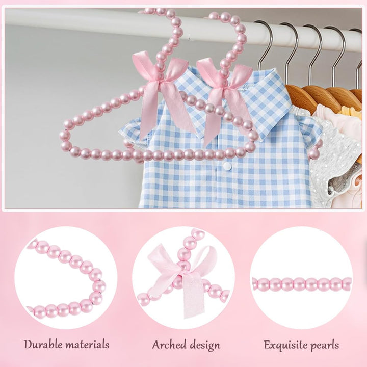 4 Stück Mini Kleiderbügel Perlen Kinderkleiderbügel mit Schleifeband Plastik Pearl Babykleiderbügel