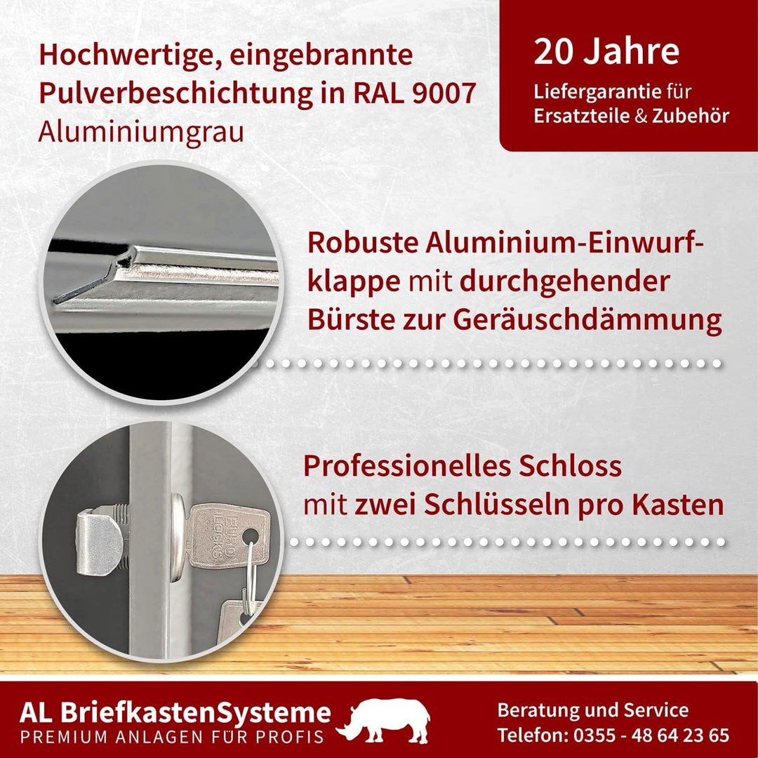 AL Briefkastensysteme 3er Briefkastenanlage Aluminiumgrau RAL 9007, Premium Briefkasten DIN A4, 3 Fa