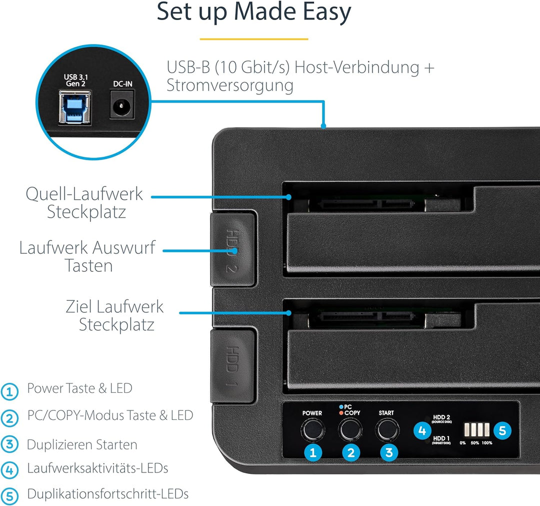 StarTech.com USB 3.1 (10Gbit/s) Festplatten Duplikator Dock für 2,5" &amp; 3,5" SATA SSD Festplatten + 4