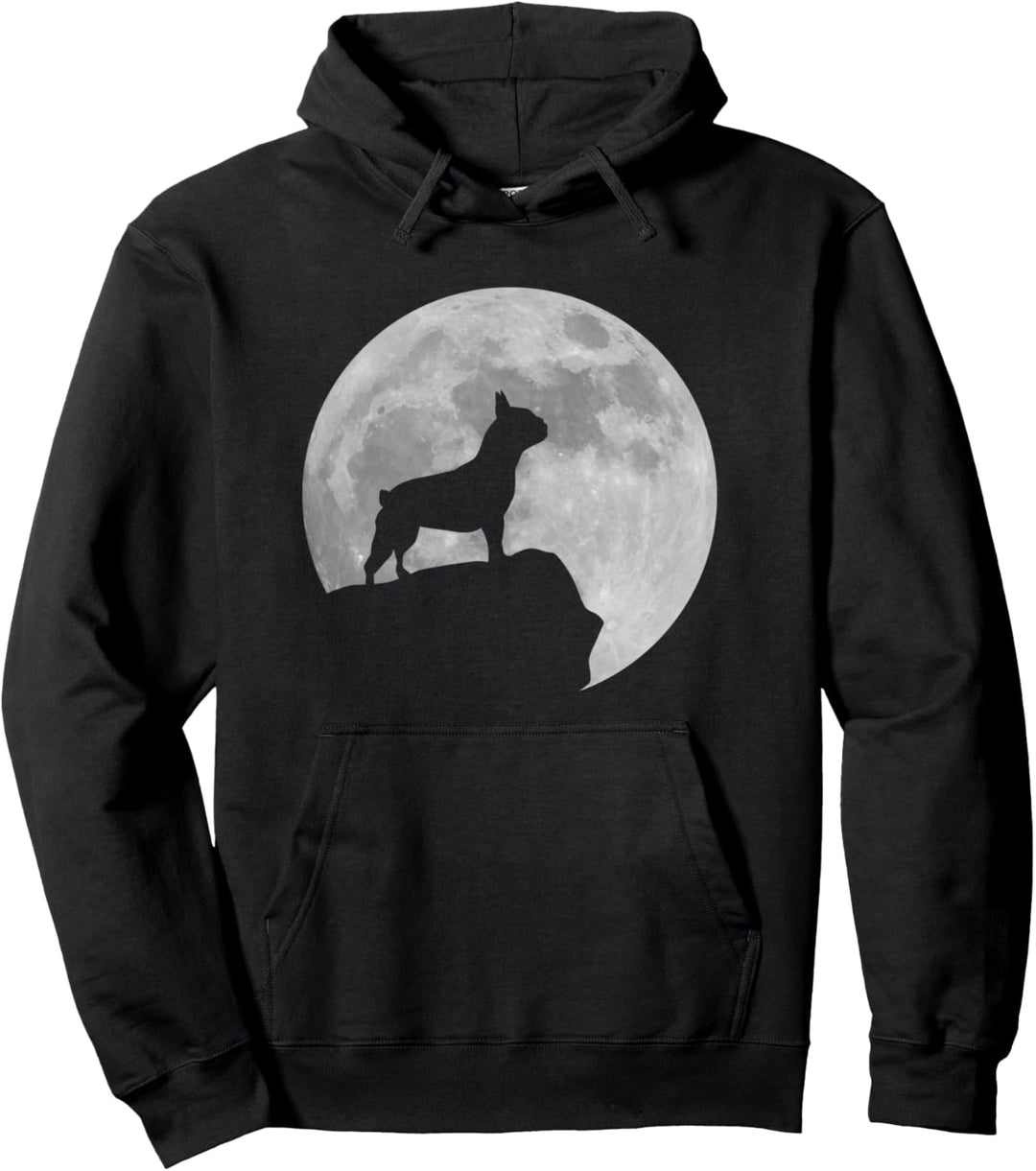 Lustiger Mond mit Felsen und Silhouette einer französischen Bulldogge Pullover Hoodie