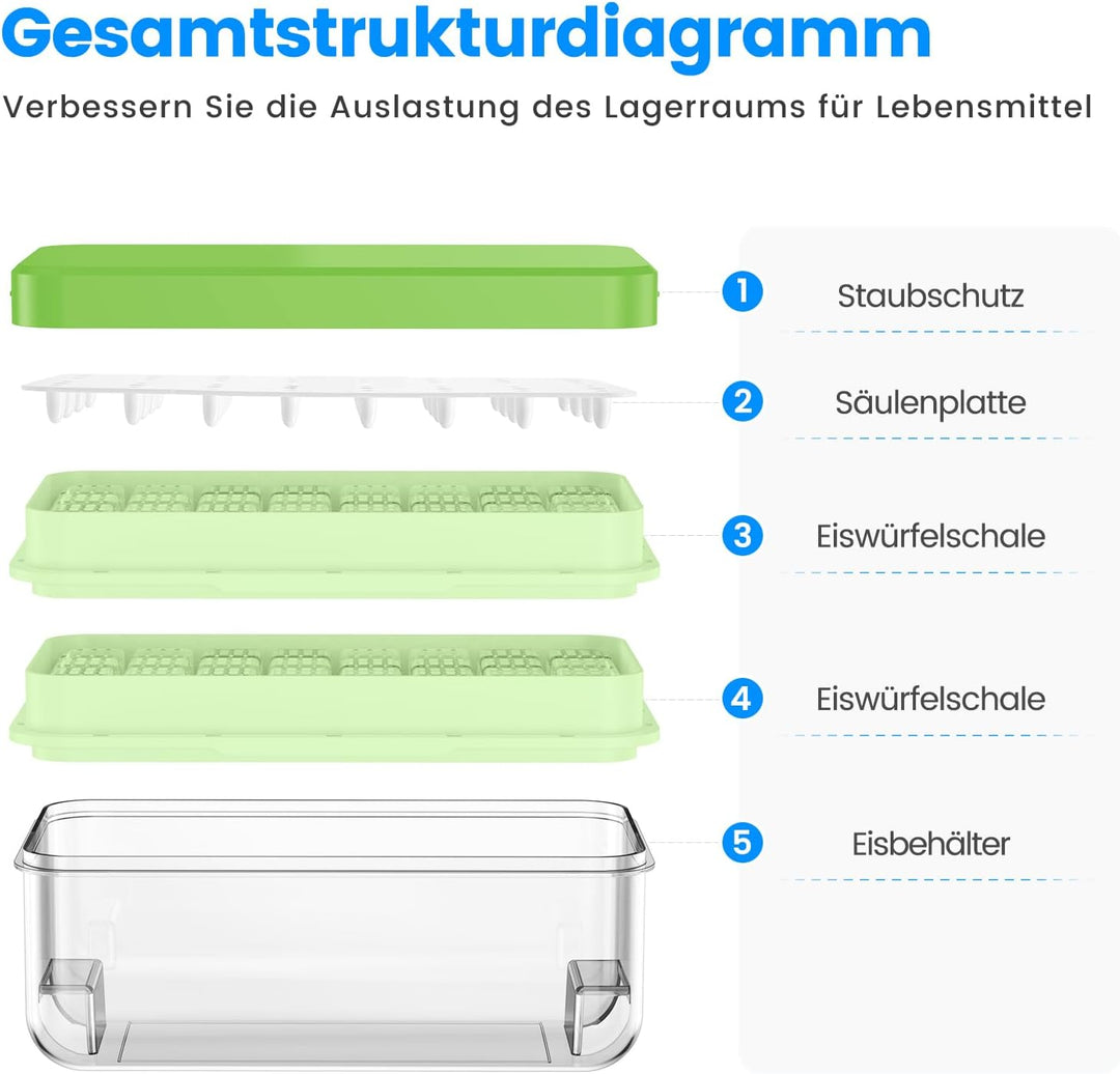 Eiswürfelform, Eiswürfelbehälter, 64 Eiswürfel, Eiswürfelform mit Deckel, mit 2 Tablett, einfaches D