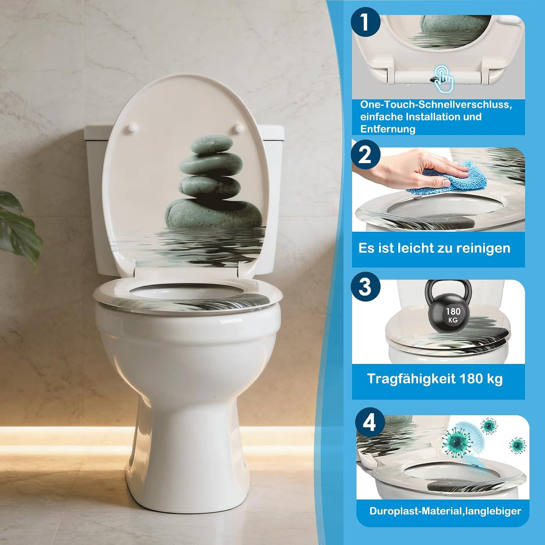 Duroplast-Toilettensitz, O-förmiger Toilettendeckel mit Soft-Close-Mechanismus, Edelstahlscharnier,