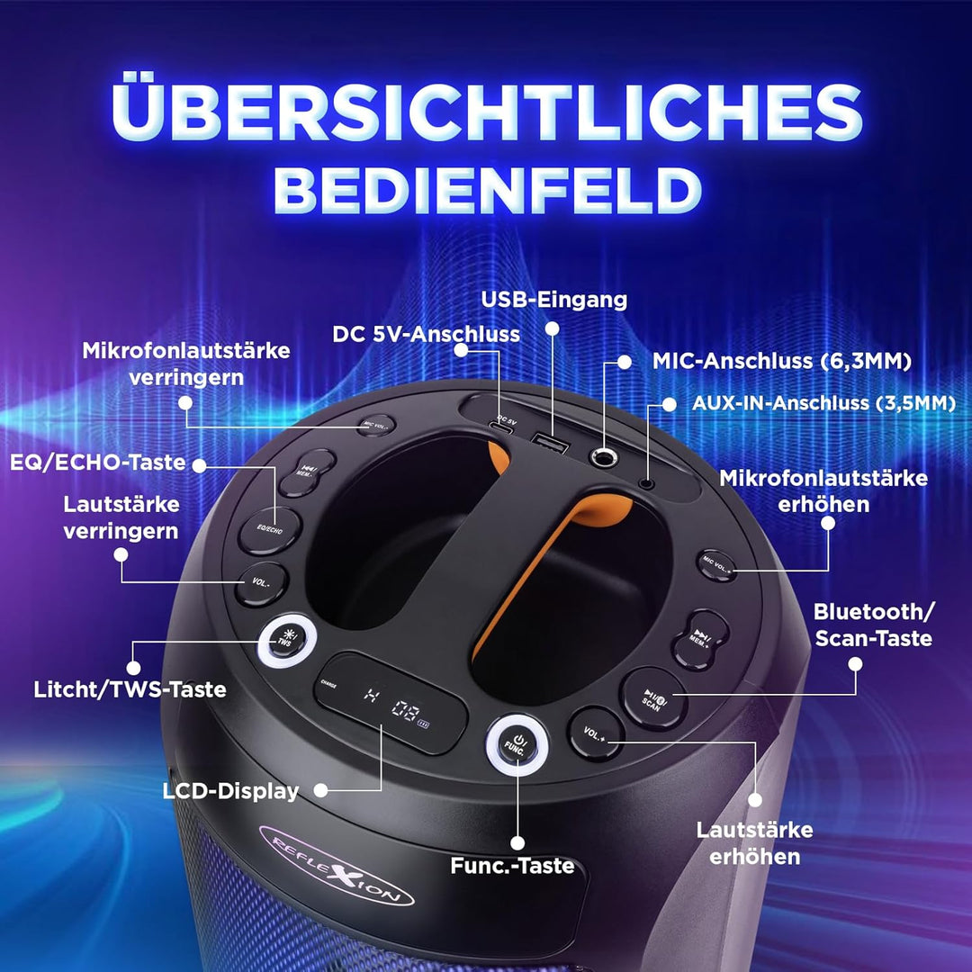 REFLEXION PSX30BT 240W Bluetooth Lautsprecher mit LED-Flammenlicht – Tragbarer TWS Speaker mit Mikro