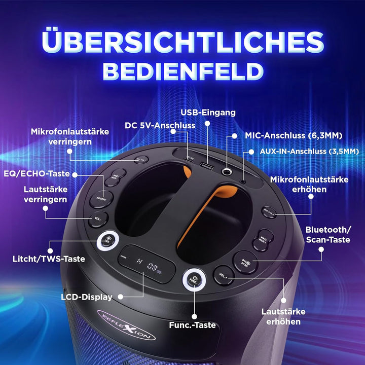 REFLEXION PSX30BT 240W Bluetooth Lautsprecher mit LED-Flammenlicht – Tragbarer TWS Speaker mit Mikro