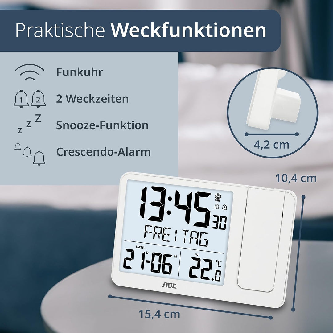 ADE Digitaler Funkwecker mit Projektion und Aussensensor | Projektionswecker mit 2 Weckzeiten | Uhr