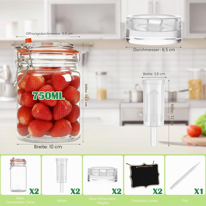 2 Stück Fermentierglas,750ml Fermentationsglas mit Deckel, Einmachglas mit Gärventi &amp; Gewicht, Ferme