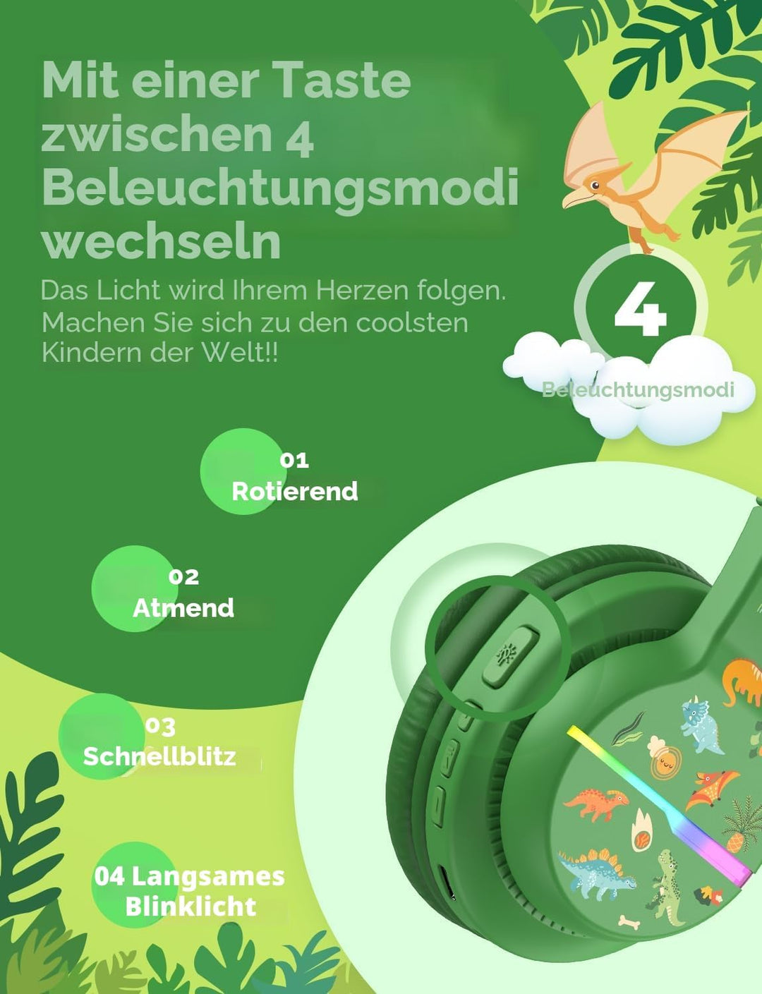 iClever Bluetooth Kinder Kopfhörer, Farbige LED-Leuchten, Kinderkopfhörer Over-Ear mit 74/85dBA Laut