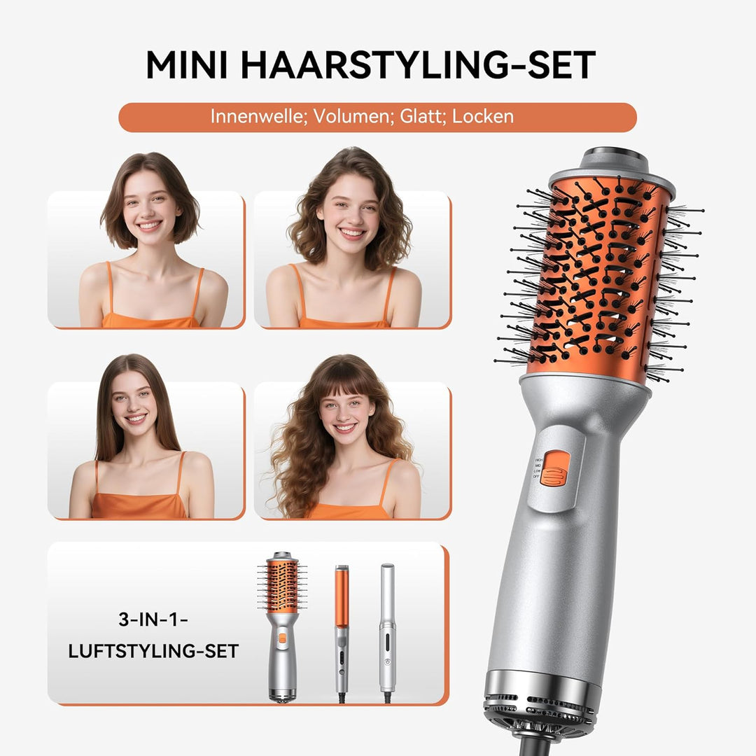 Reise Warmluftbürste Styling-Set, 4-in-1 Heissluftbürste mit 100–240V Doppelspannung, 25 mm Lockenst