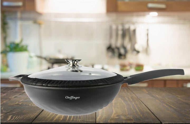 Cheffinger Pfannen-Set Ø 32cm »WOK Wokpfanne Pfanne mit Glasdeckel Induktion CF-DW32«