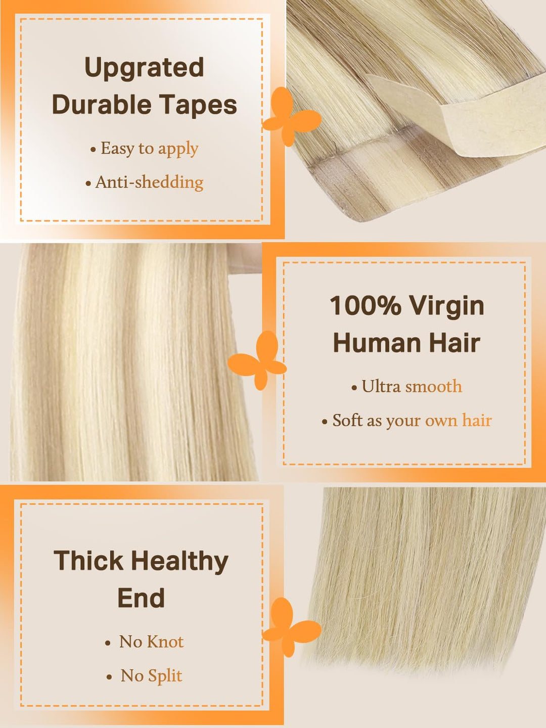 DOORES Tape Extensions 45cm 40pcs Dunkelblond-Bleichblond Highlights | 100g Echtes Remy Glatt Tape I