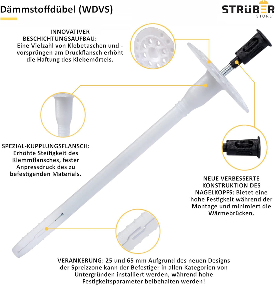 WDVS SET (Ø10x160mm Dämmstoffdübel mit Kunststoffnagel 400St + Grau Styropor Rondelle 400St + Styrop