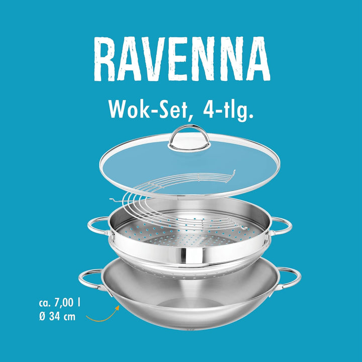 ROHE Germany Wok-Set Ravenna 5 TLG, Edelstahl, 34 cm, inklusive Dämpfaufsatz, 34 cm