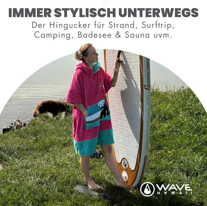 WAVE HAWAII Poncho Pink Wave Surfponcho 100% Baumwolle für Körpergrössen von 145-175 cm Umkleidehilf