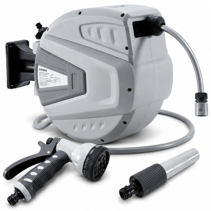 Arebos Schlauchaufroller 30m | Schlauchtrommel Wandschlauchbox | Grau, Grau