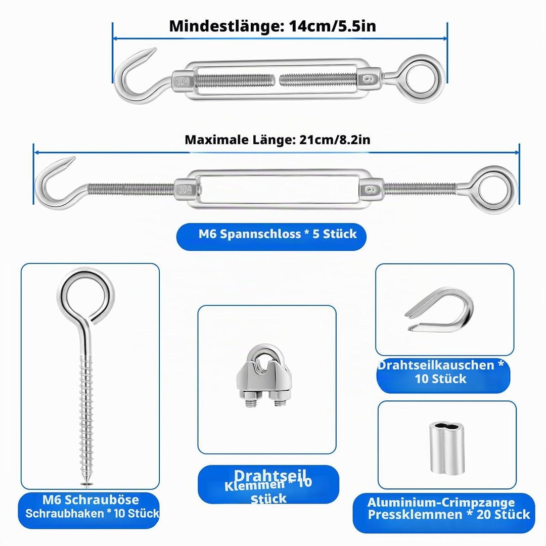 TooTaci 3mm Edelstahlseil Set, 30M/3mm Edelstahl Drahtseil Spanndraht 7×7, M6 Seilspanner Edelstahl