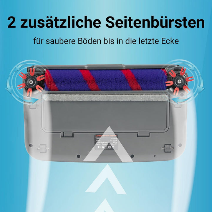 CLEANmaxx Akkubesen kabellos | Bodenfeger mit 1.200 U/min &amp; 4 Bürsten | inkl. LED-Licht | Anti-Haar-