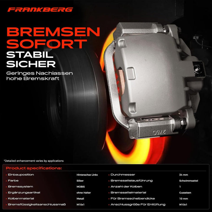 Frankberg Bremssattel Bremszange Hinten Links Kompatibel mit Picanto TA 1.0L 1.2L 2011-2021 Replace