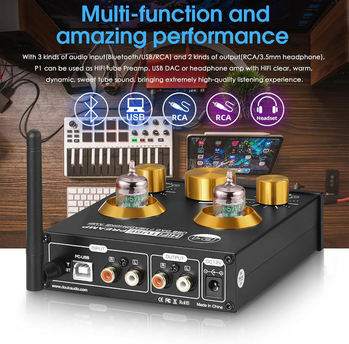 Douk Audio P1 Bluetooth 5.0 HiFi-Verstärker GE5654 Röhrenvorverstärker Valve Tube Preamp Ventil Kopf