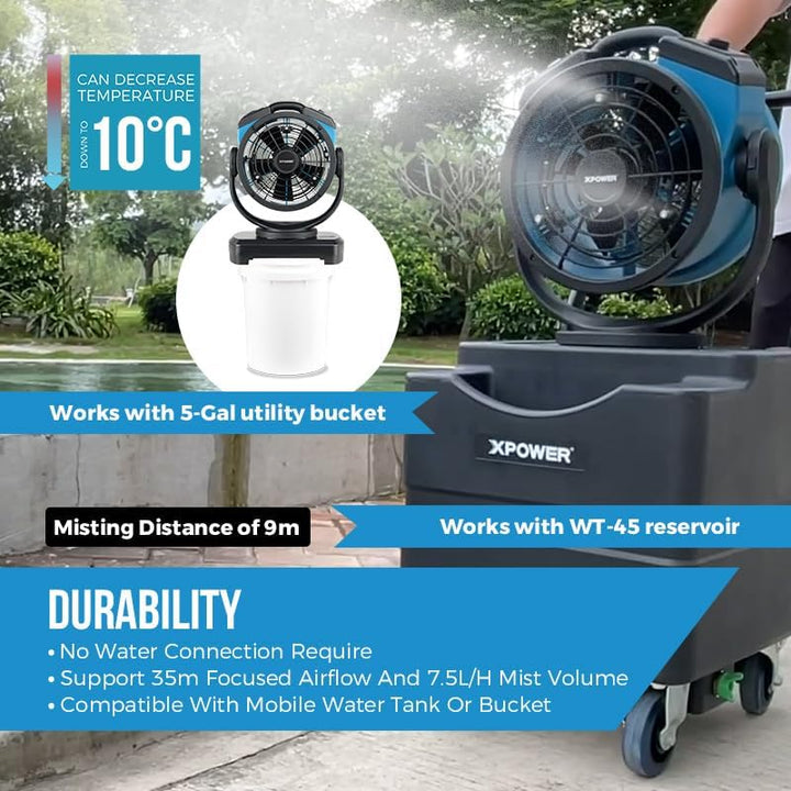 XPower Misting Fan Outdoor Cooling Oscillating Heavy Duty Powerful High Velocity Ideal for Camping,