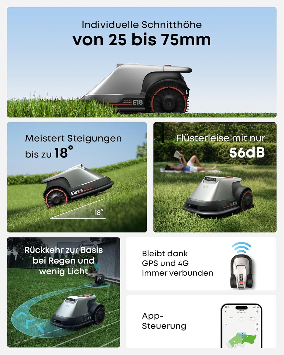 eufy E18 Mähroboter ohne Begrenzungskabel, ohne RTK &amp; Signalausfälle, TrueVision Technologie, GNSS,