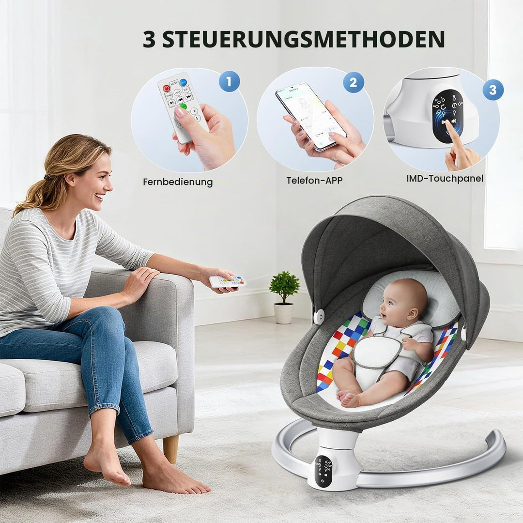 Bluetooth Elektrische Babyschaukel, Upgrade 5-Punkte Geschirr Elektrische Babywippe mit 5 Geschwindi