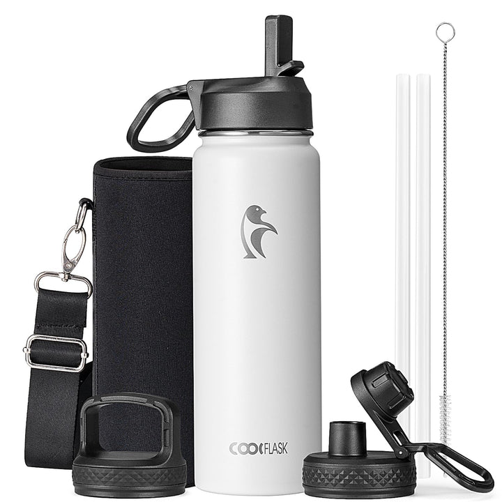 Coolflask Wasserflasche mit Strohhalm, isoliert, Edelstahl, Metall, 3 Deckel, breite Öffnung, für Sp