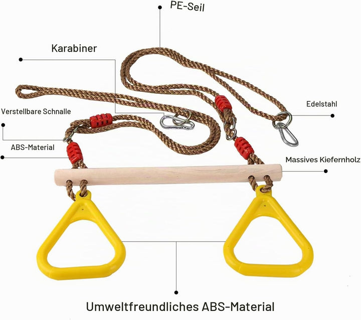 PELLOR Multifunktions Kinderholz Trapeze Schaukel mit Kunststoff Turnringe zum Aufhängen belastbar b