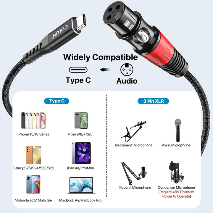 USB-C zu XLR Mikrofonkabel, Hi-Fi Geflochtenes Audiokabel, Kompatibel (3M), 3M