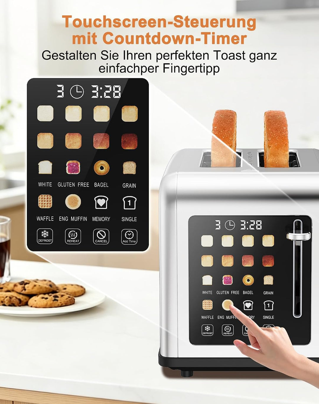 Toaster 2 Scheiben, Edelstahl Langschlitztoaster mit Smart Touchscreen &amp; LED-Countdown, 8 Bräunungss