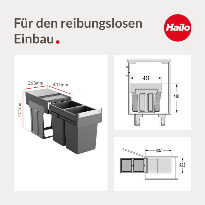 Hailo Abfallsammler 3666901 - Tandem Einbaumülleimer 2x 13 Liter - Abfalltrennsystem für Unterschrän