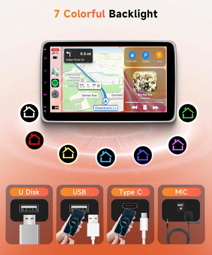 Rimoody Wireless Carplay Autoradio 1 Din mit Wireless Android Auto, 10 Zoll Einstellbar Touchscreen