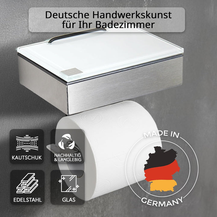 Toilettenpapierhalter mit Feuchttücherbox - Gehäuse Matt &amp; Abdeckung Glas Weiss - befüllbar von Link