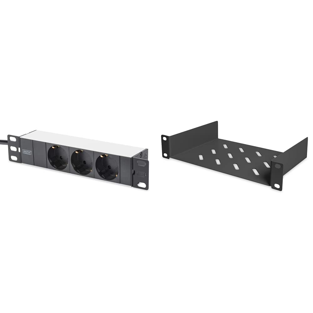 DIGITUS 3-Fach Steckdosenleiste - 1HE - 10-Zoll (254 mm) - Silber/Schwarz DN-95411 &amp; Fachboden - 1HE